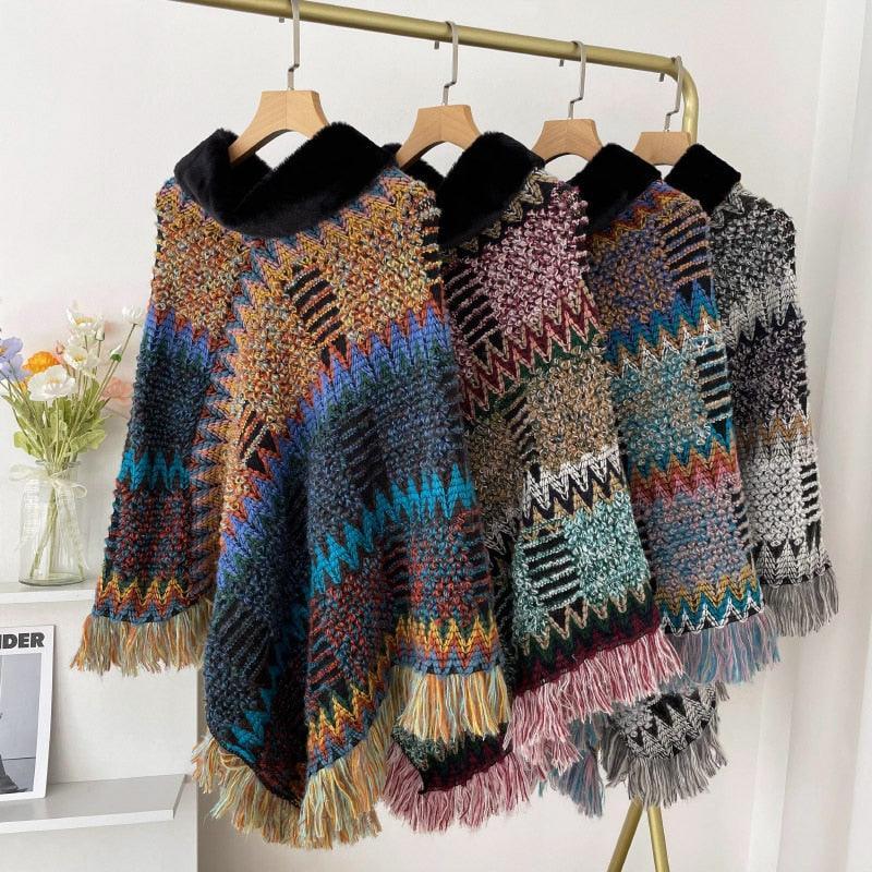 New Pullover Cloak Tassel Warm Shawl Imitation Wool Collar Ponchos