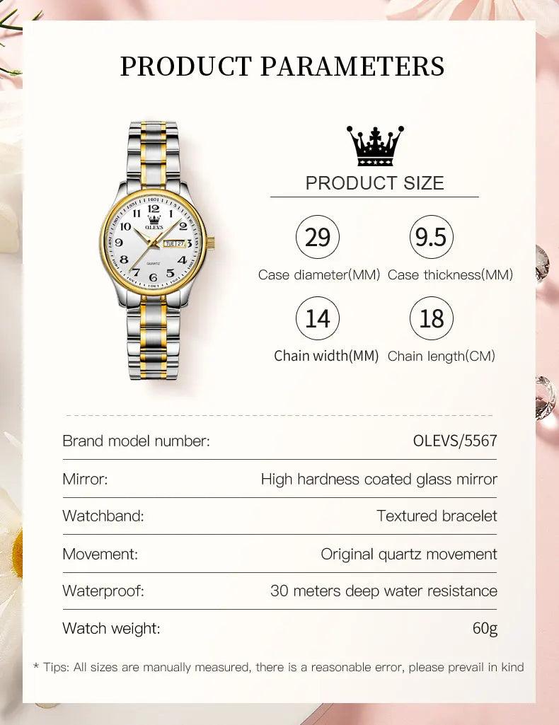 OLEVS 5567 Classic Quartz Watch for Women Set Elegant Dress Luminous Waterproof Week Date Clock Stainless Steel Wristwatch Gift