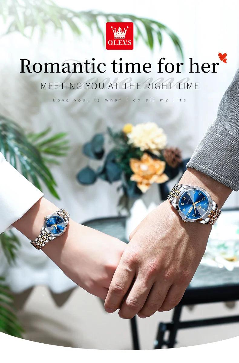 OLEVS Dance of Time: Stainless Steel Elegance with Eternal Calendars Couple's Watches Box Set