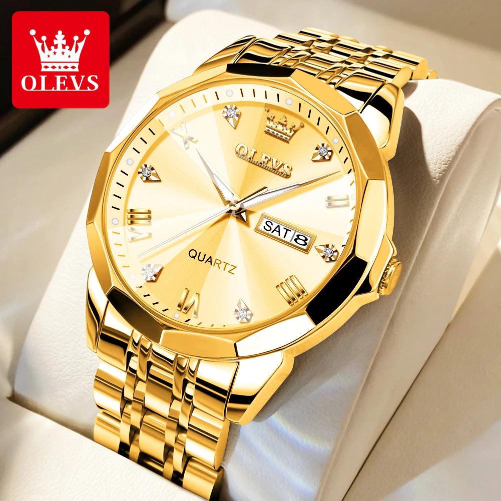 OLEVS Men‘s Watches Gold Original Quartz Wristwatch Waterproof Luminous Watch for Male Rhombus Mirror Date Week Luxury Dress