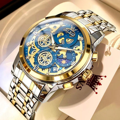 OLEVS Men's Watches Top Brand Luxury Original Waterproof Quartz Watch for Man Gold Skeleton Style 24 Hour Day Night New