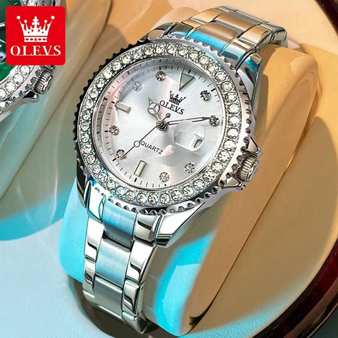 OLEVS Original Diamond Dial Quartz Watch for Women Fashion Elegant Ladies Watches Stainless Steel Waterproof Women's Wristwatch