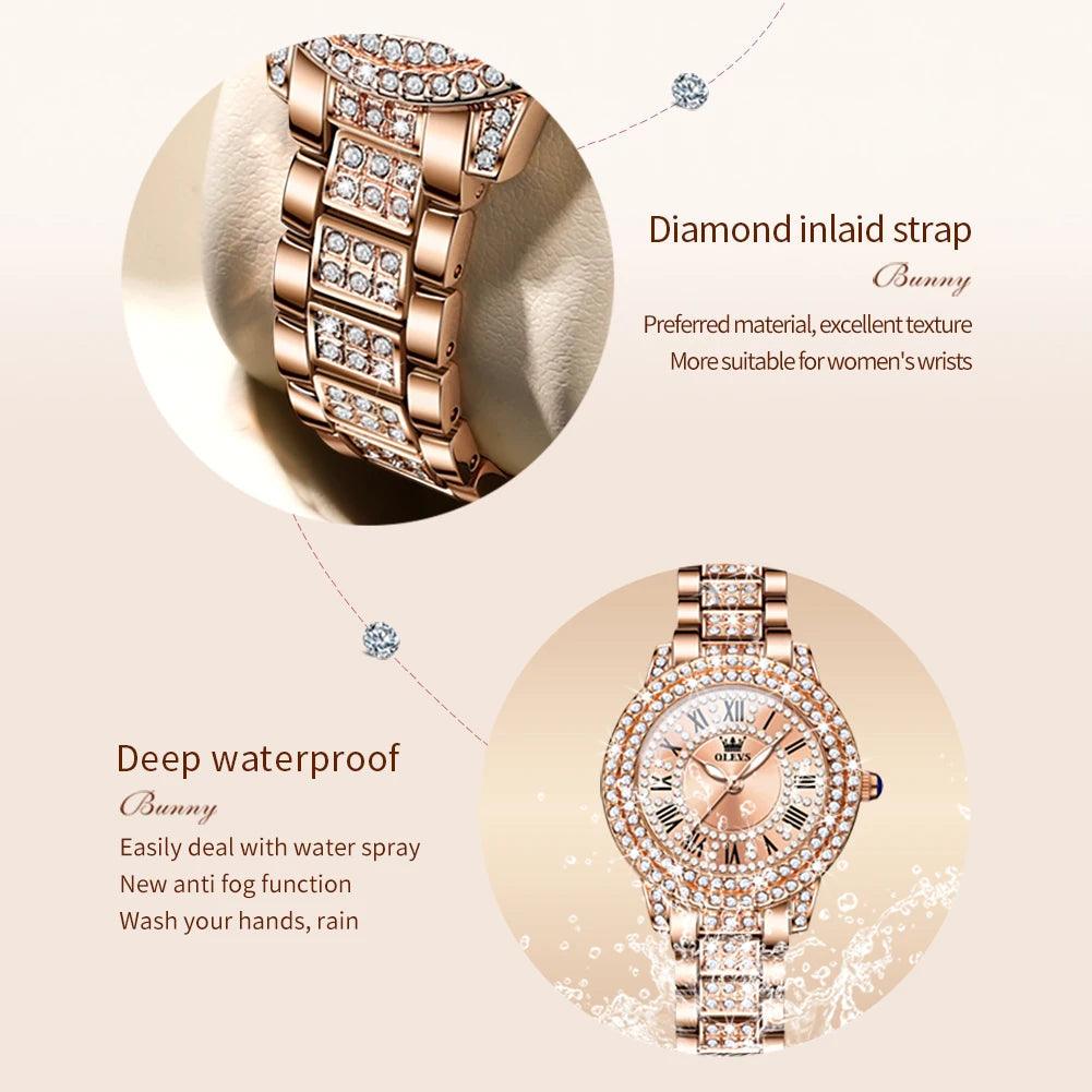 OLEVS Original Diamond Watch for Women Fashion Elegant Stainless Steel Waterproof Quartz Wristwatch Luxury Ladies Dress Watches