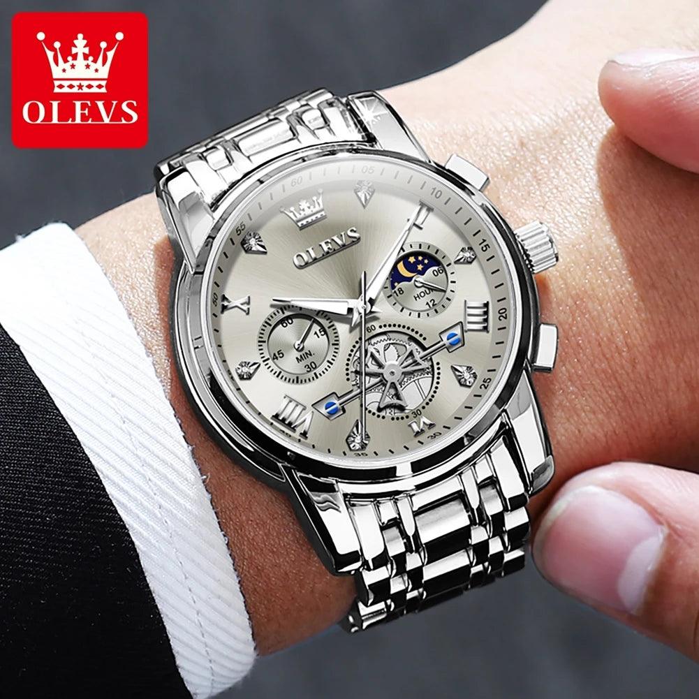 OLEVS Stainless Steel Men's Watches Chronograph Moon Phase Waterproof Luminous Quartz Wrist Watch for Men Luxury Brand Man Watch