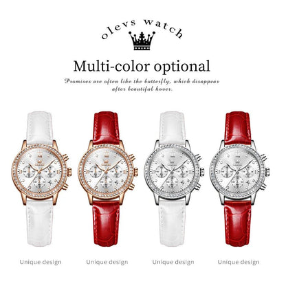 OLEVS Women's Diamond Quartz Wristwatch | Luxury Waterproof Leather Strap Multifunction Watch