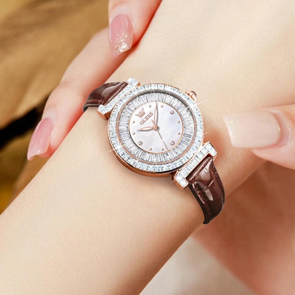 OLEVS Women's Watches Light luxury Fashion Original Quartz Watch for Ladies Waterproof Leather Strap Luminous Diamond Ring Dial