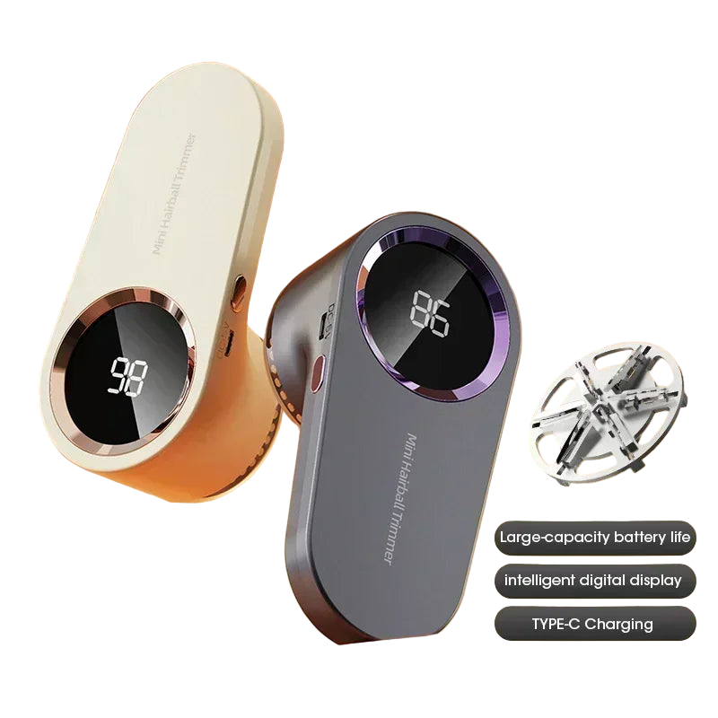 Two electronic devices with digital displays on a white background, featuring text about battery life, display type, and charging method.