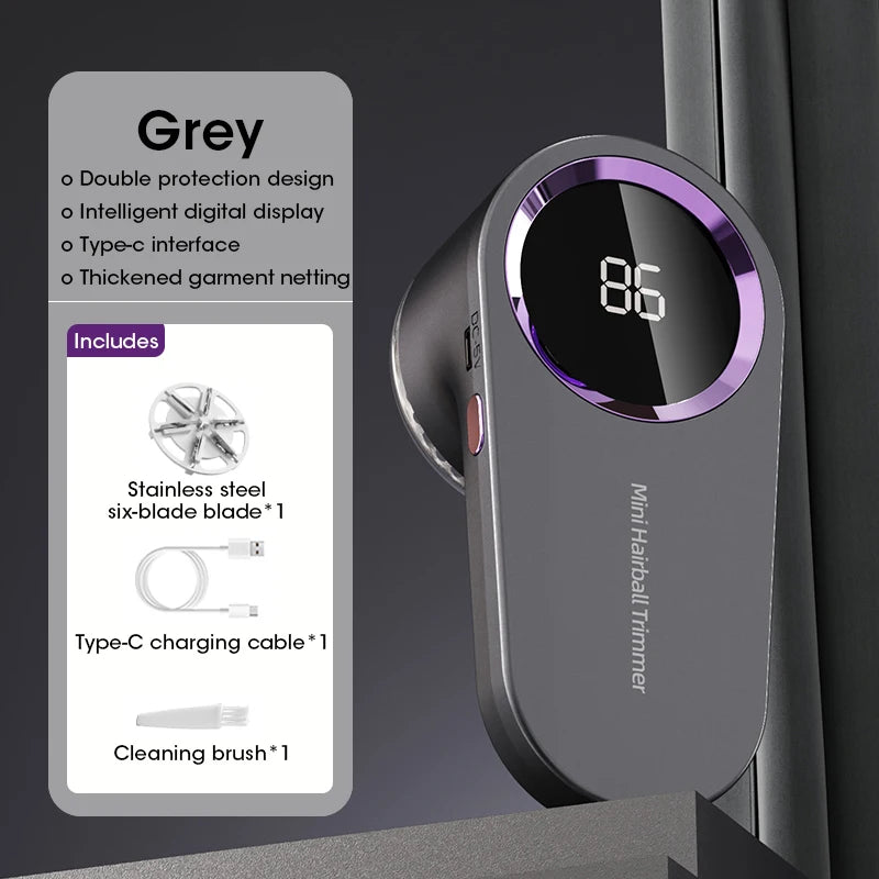 Gray mini hairball trimmer with digital display and charging cable