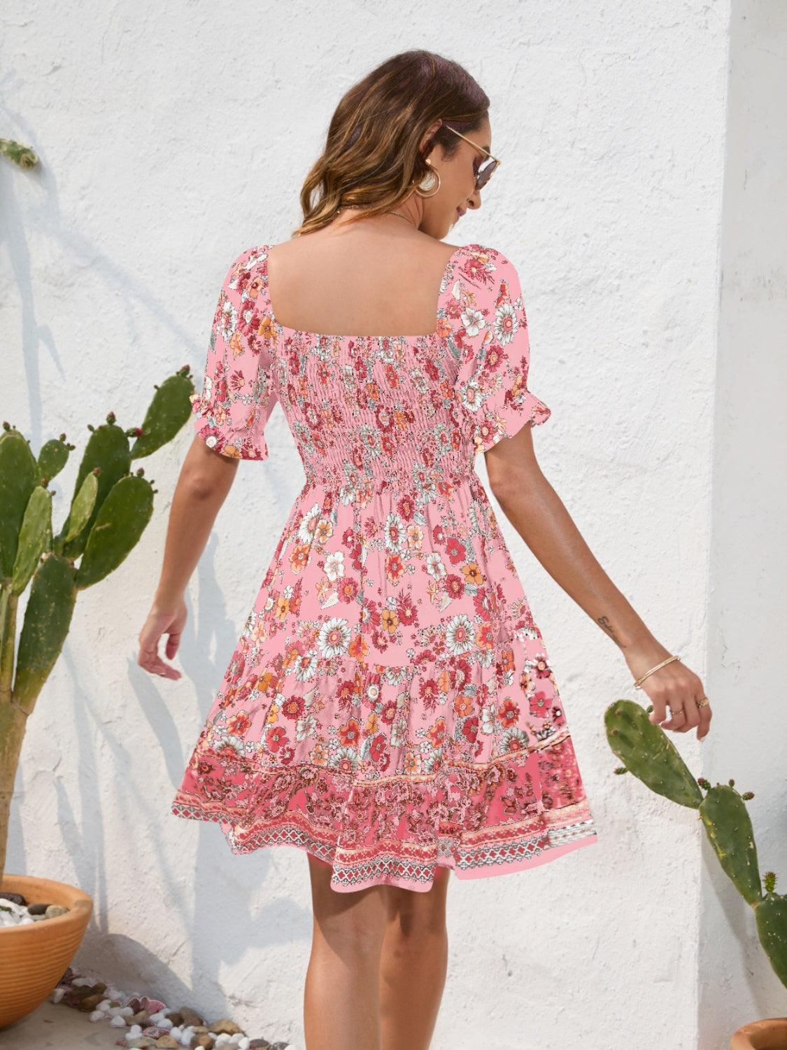 Printed Square Neck Short Sleeve Dress Carauana Store