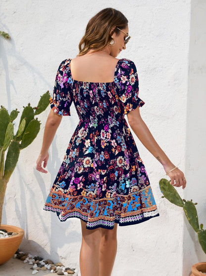 Printed Square Neck Short Sleeve Dress Carauana Store