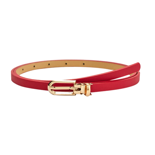 Red belt with a gold buckle
