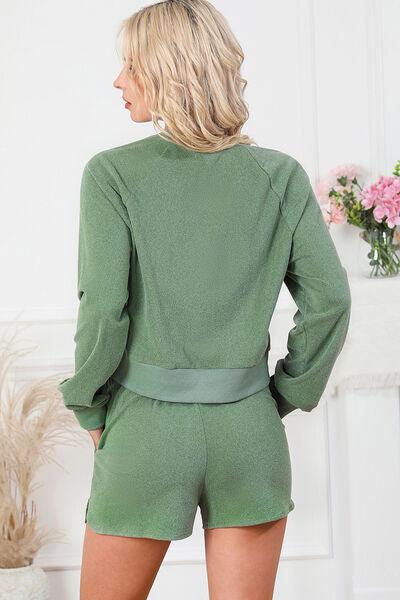 Round Neck Long Sleeve Top and Drawstring Shorts Lounge Set Carauana Store