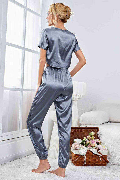 Satin Short Sleeve Crop Top and Joggers Lounge Set Carauana Store