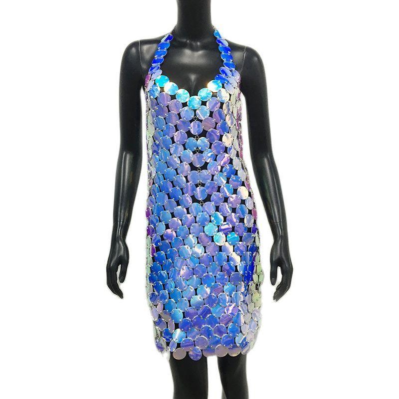 Sexy Metal Sequins Mini Dress Backless Neck Halter Party Night club