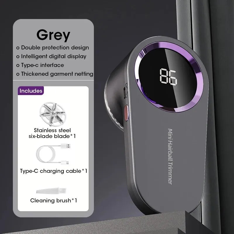 Gray mini hairball trimmer with digital display and included accessories
