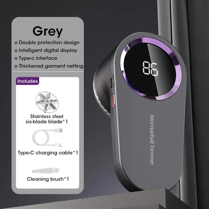 Gray mini hairball trimmer with digital display and included accessories
