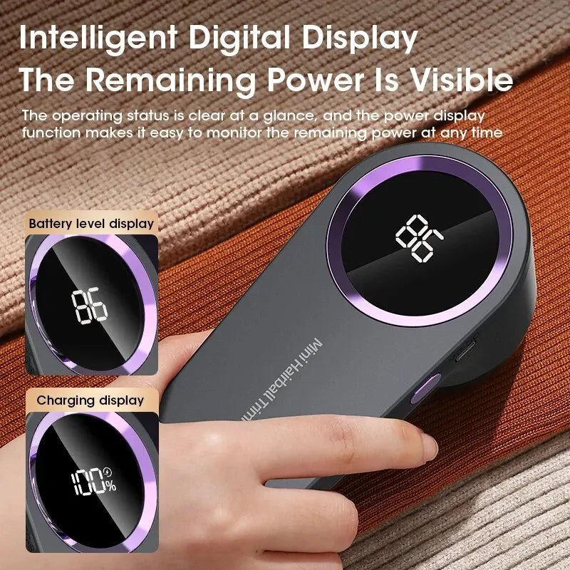mart Mini Hairball Trimmer with digital display showing battery level and charging status, held by a hand.