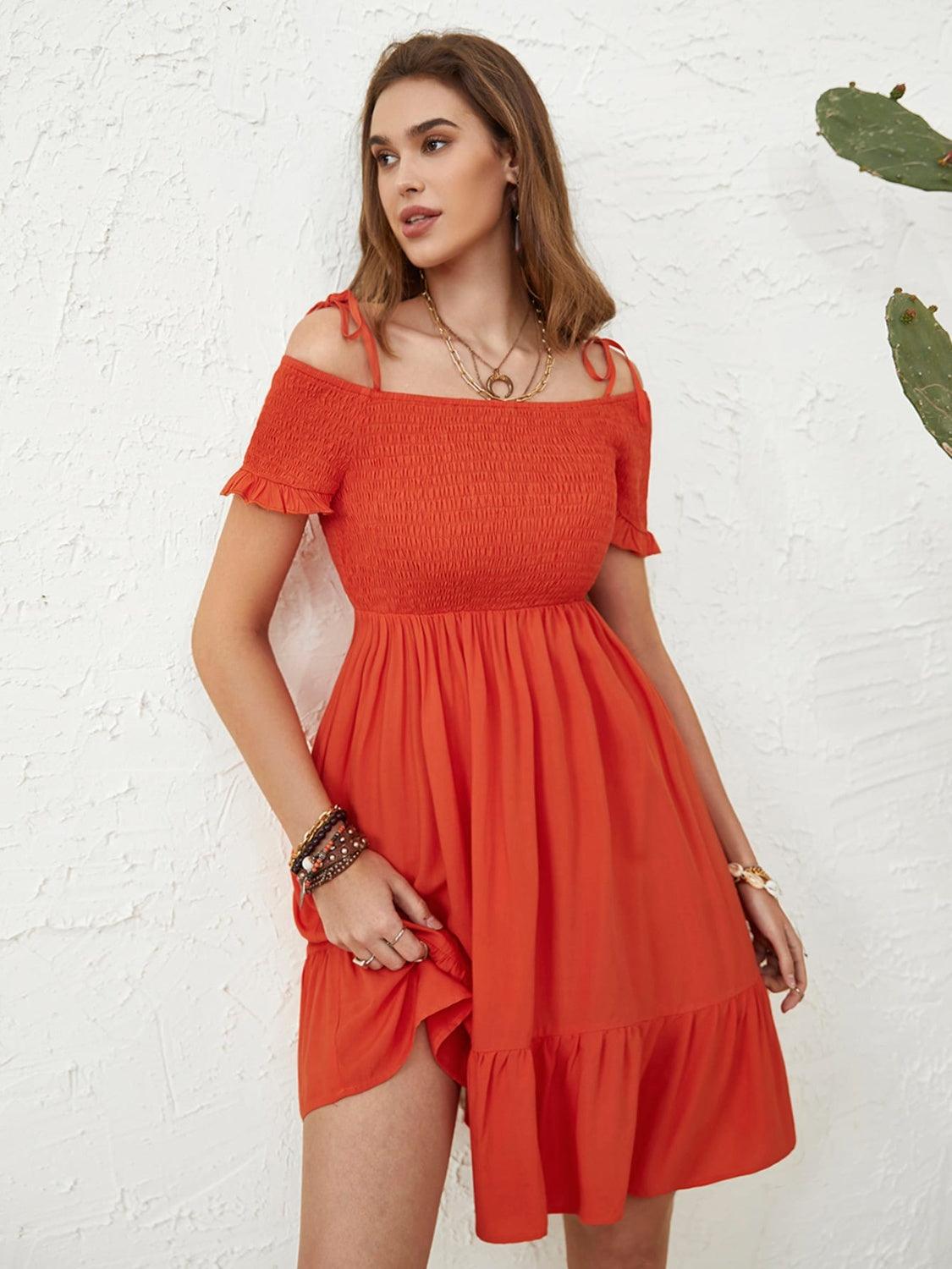 Smocked Spaghetti Strap Short Sleeve Dress Carauana Store
