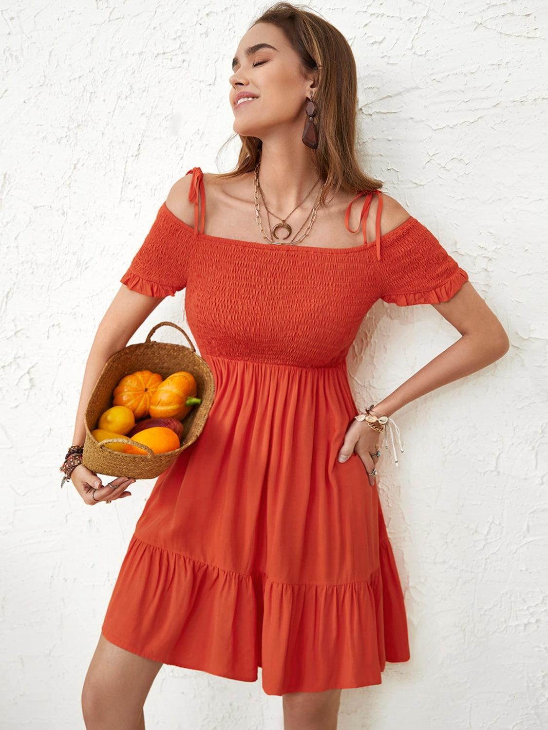 Smocked Spaghetti Strap Short Sleeve Dress Carauana Store