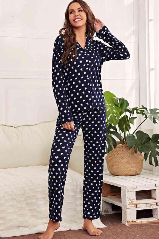 Star Print Button-Up Shirt and Pants Lounge Set Carauana Store