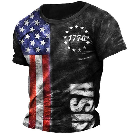 Title: Retro 3D Flag Print Men's T-Shirt - A Hip Hop USA Street Fashion Staple