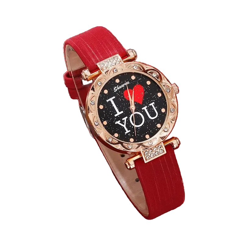Wristwatch with red strap and 'I LOVE YOU' text