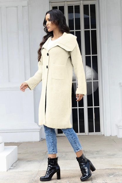 Pocketed Button Up Collared Neck Cardigan Carauana Store