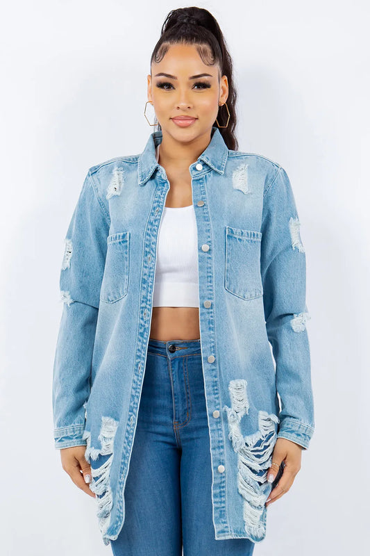 American Bazi Distressed Button Up Long Sleeve Denim Jacket Carauana Store