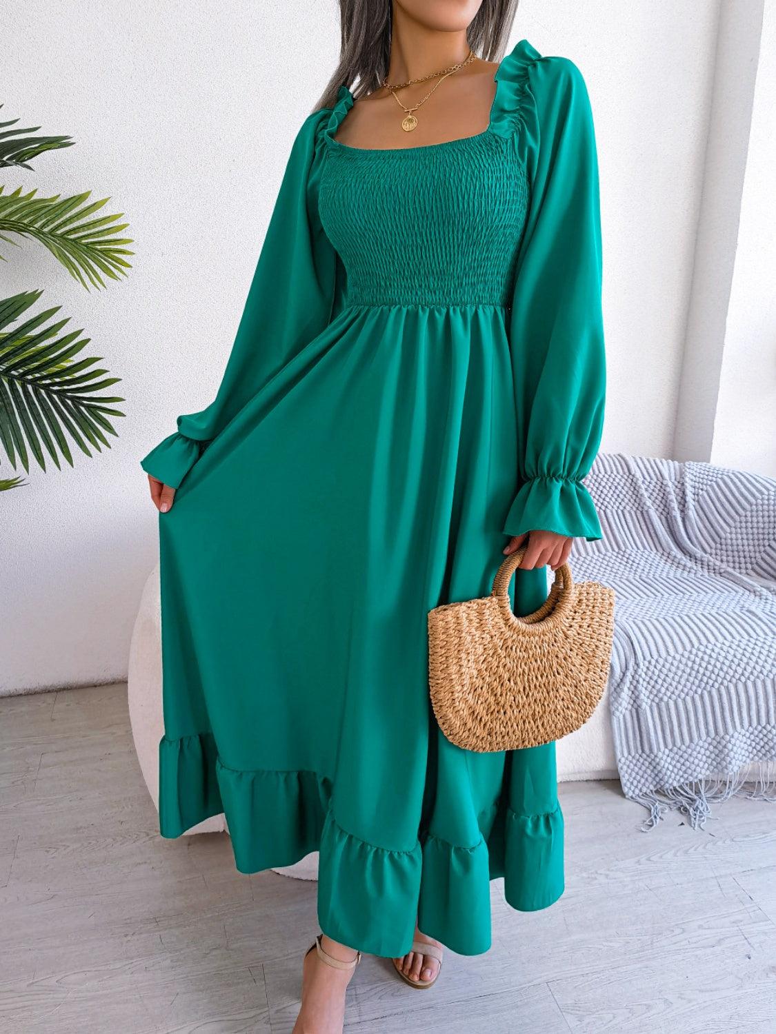 Smocked Square Neck Flounce Sleeve Dress Carauana Store