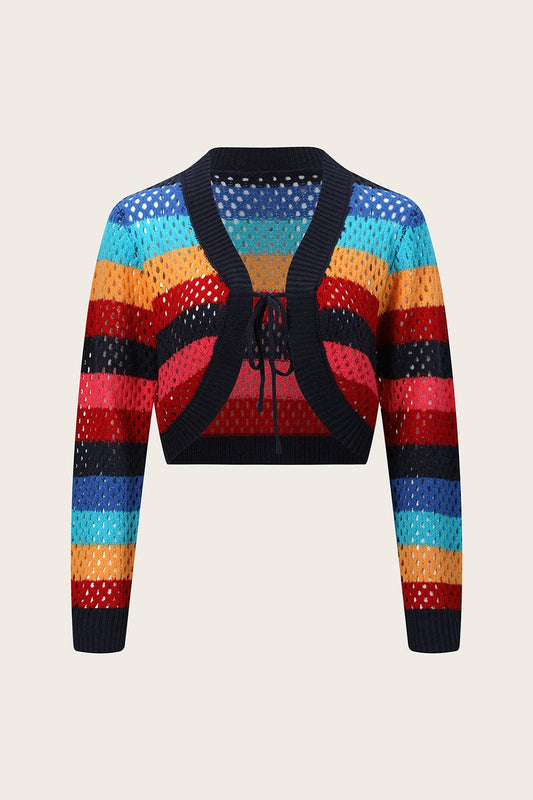 Openwork Color Block Tied Cardigan Carauana Store