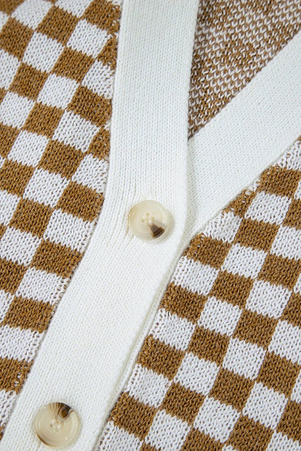 Checkered V-Neck Long Sleeve Cardigan Carauana Store