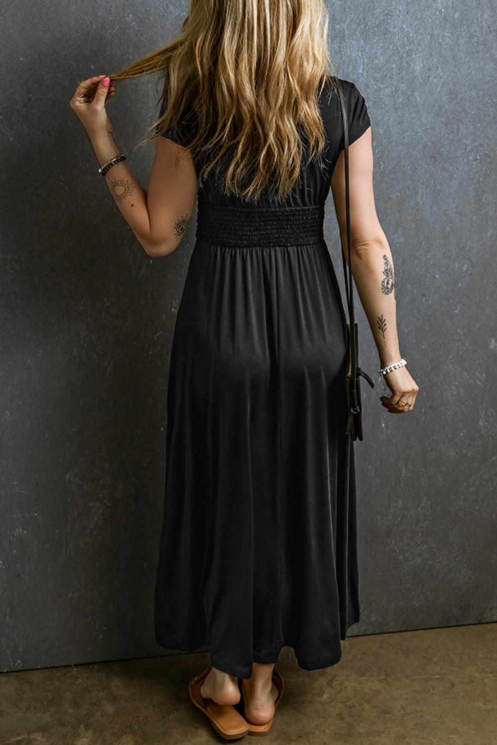 Smocked V-Neck Short Sleeve Dress Carauana Store
