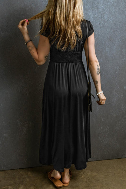 Smocked V-Neck Short Sleeve Dress Carauana Store