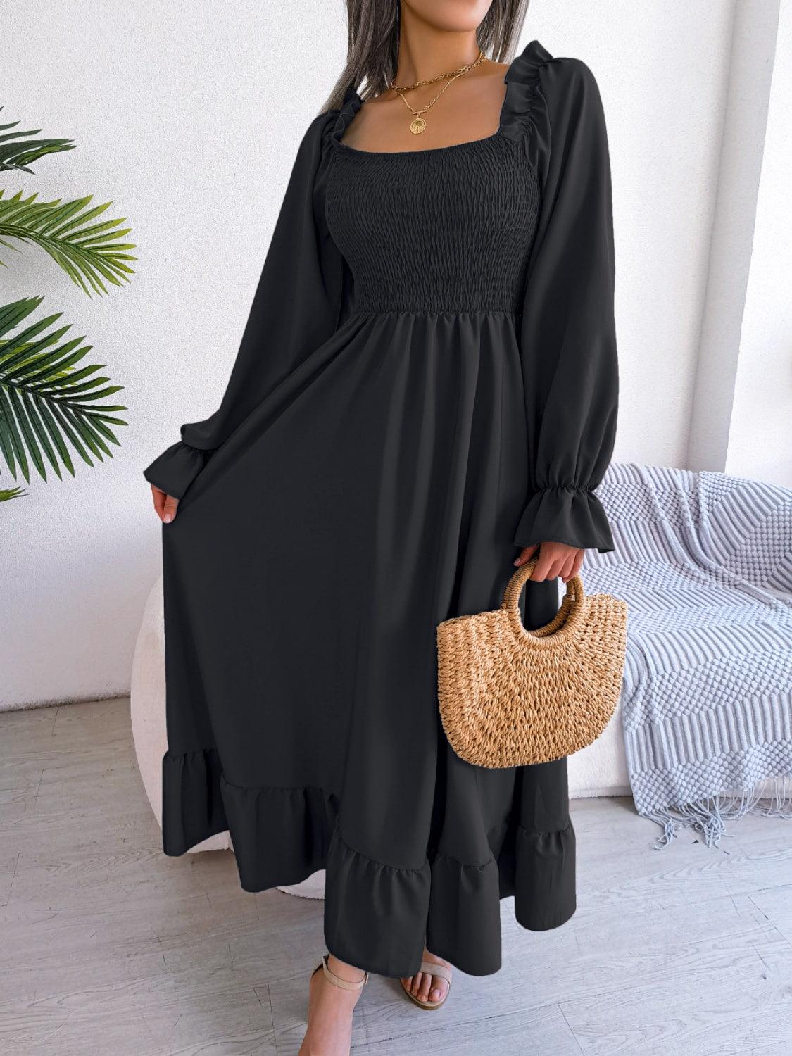 Smocked Square Neck Flounce Sleeve Dress Carauana Store