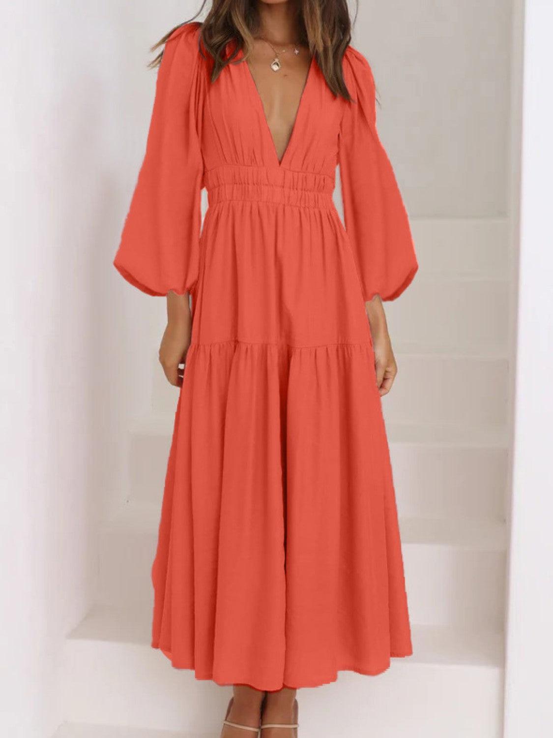 Deep V-Neck Balloon Sleeve Plain Maxi Dress CaRaUaNa Fashion