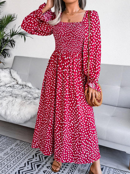 Smocked Square Neck Flounce Sleeve Dress Carauana Store