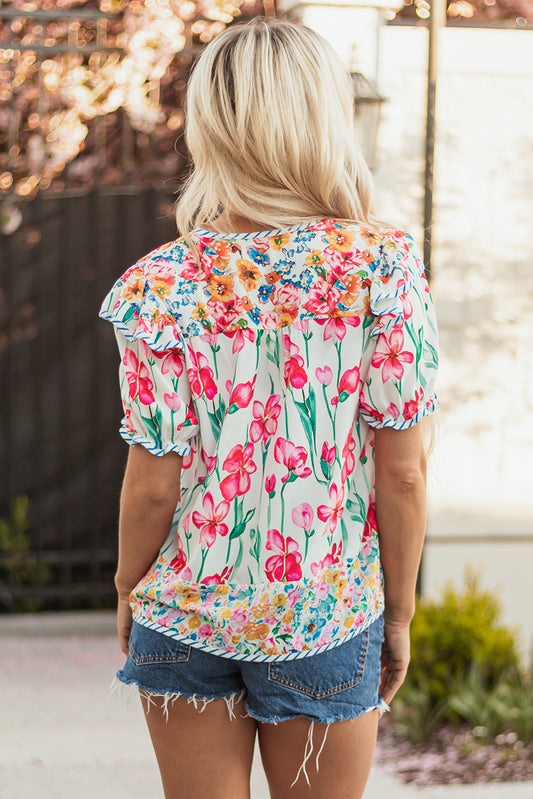 Pink Floral Print Striped Detail Split Neck Short Sleeve Blouse