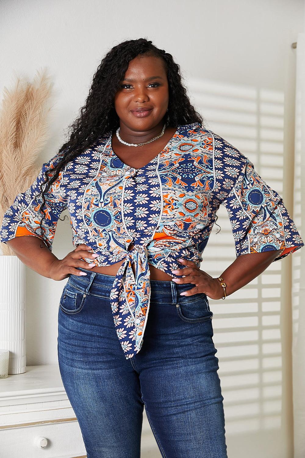 Tie Hem V-Neck Three-Quarter Sleeve Blouse Carauana Store