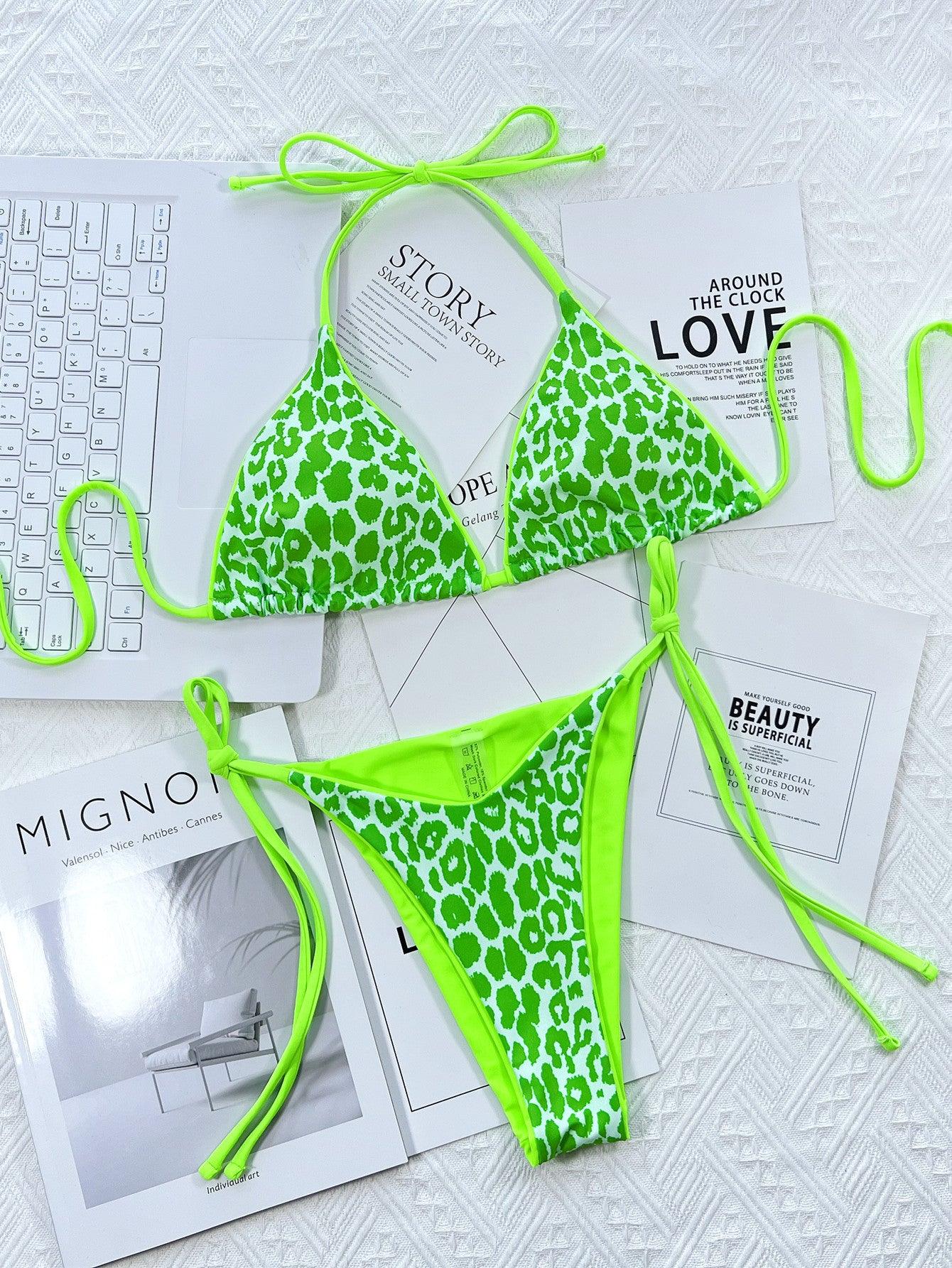 Leopard Print Halter Neck Tie Side Bikini Set Carauana Store