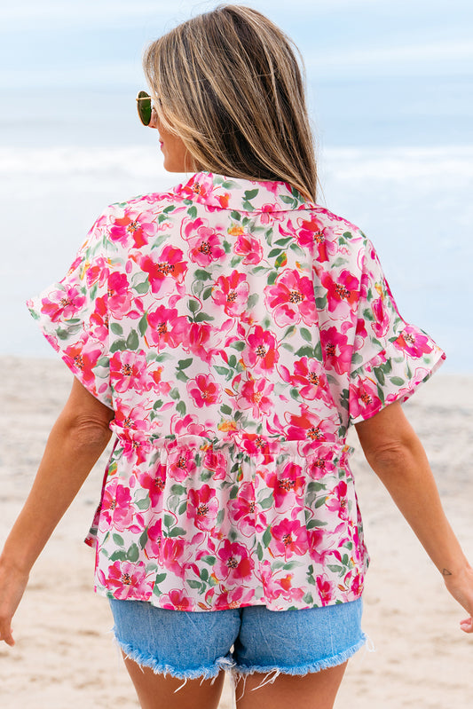 Pink Floral Boxy Fit Ruffled Short Sleeve V Neck Blouse
