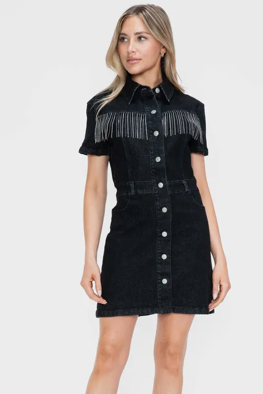 bytos Full Size Embellished Button Down Short Sleeve Denim Dress Carauana Store