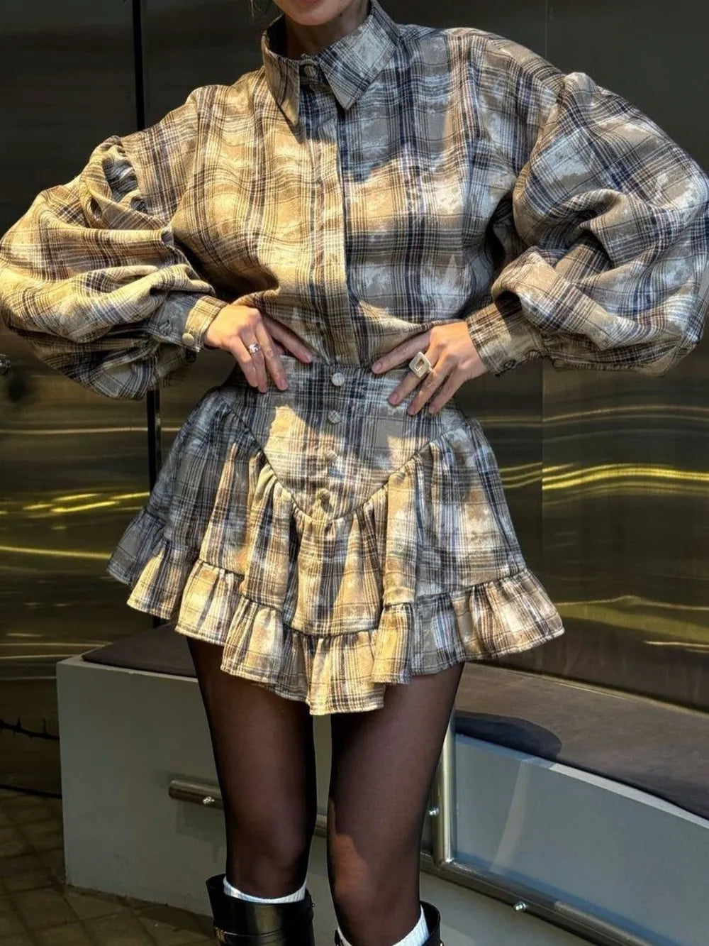 Lantern Sleeve Shirt and Ruffled Skirt Set Carauana Store