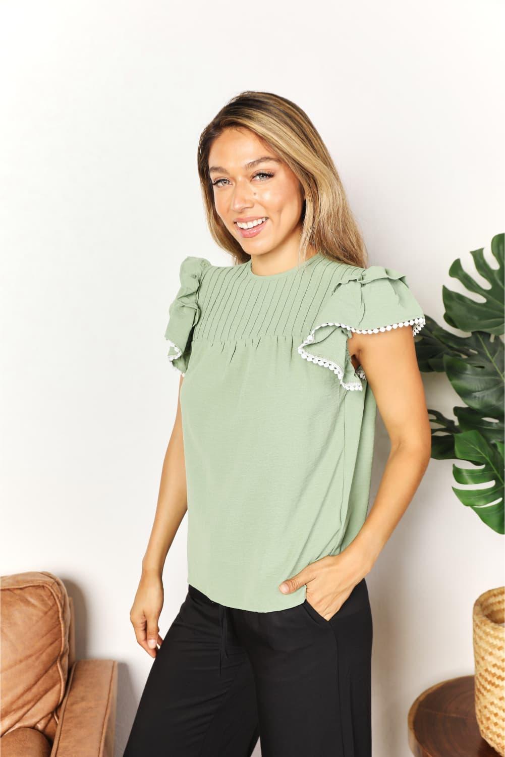 Perfee Pleated Detail Flutter Sleeve Blouse Carauana Store