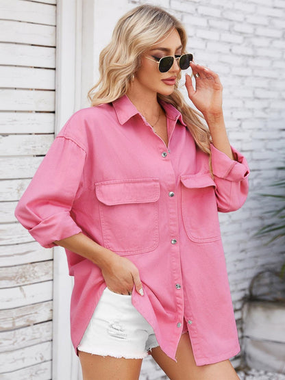Pocketed Snap Down Dropped Shoulder Denim Shacket Carauana Store