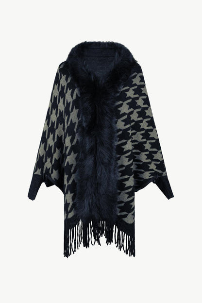 Houndstooth Fringe Hem Poncho Carauana Store