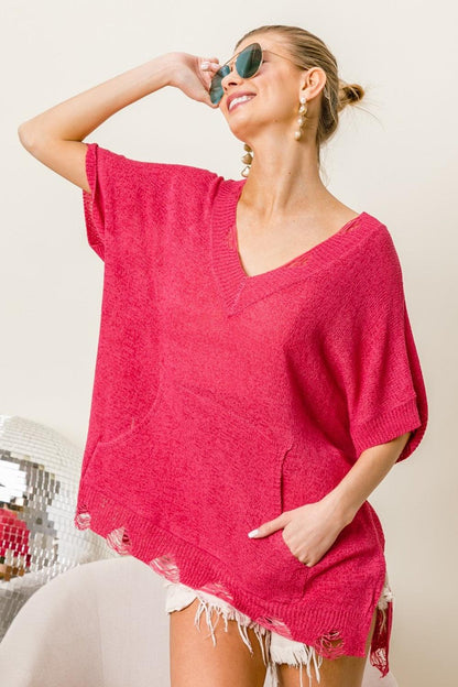 BiBi Distressed Hem V-Neck Slit Sweater Carauana Store