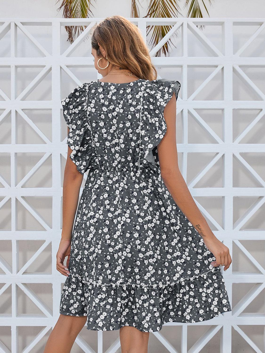 Ruffled Ditsy Floral Surplice Mini Dress Carauana Store