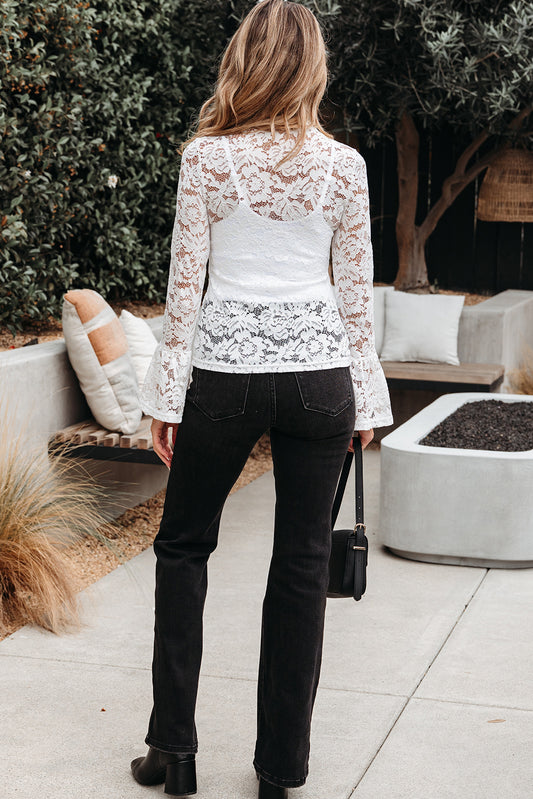 White Lace Crochet Bell Sleeve Mock Neck Blouse