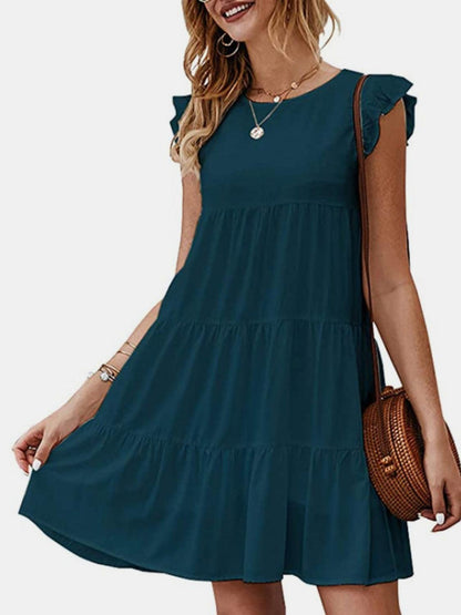 Ruffled Round Neck Cap Sleeve Mini Dress Carauana Store