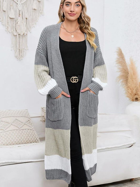 Color Block Long Sleeve Pocketed Cardigan Carauana Store